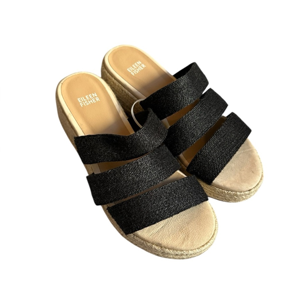 NEW Eileen Fisher Mayla Espadrille Platform Slides Sandal Black | Jute | Size 8 - Picture 4 of 11